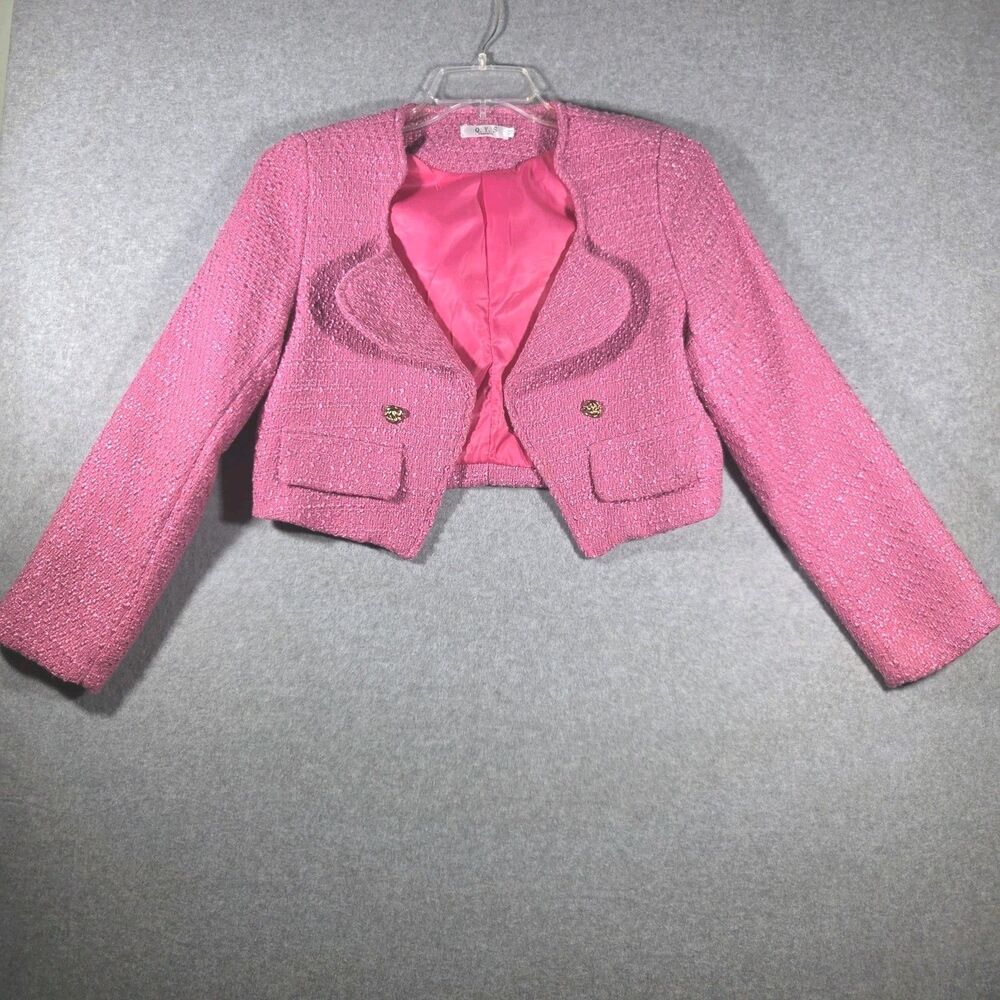 Barbiecore Pink Tweed Cropped Blazer Jacket Size M Fuchsia Gold Button Preppy